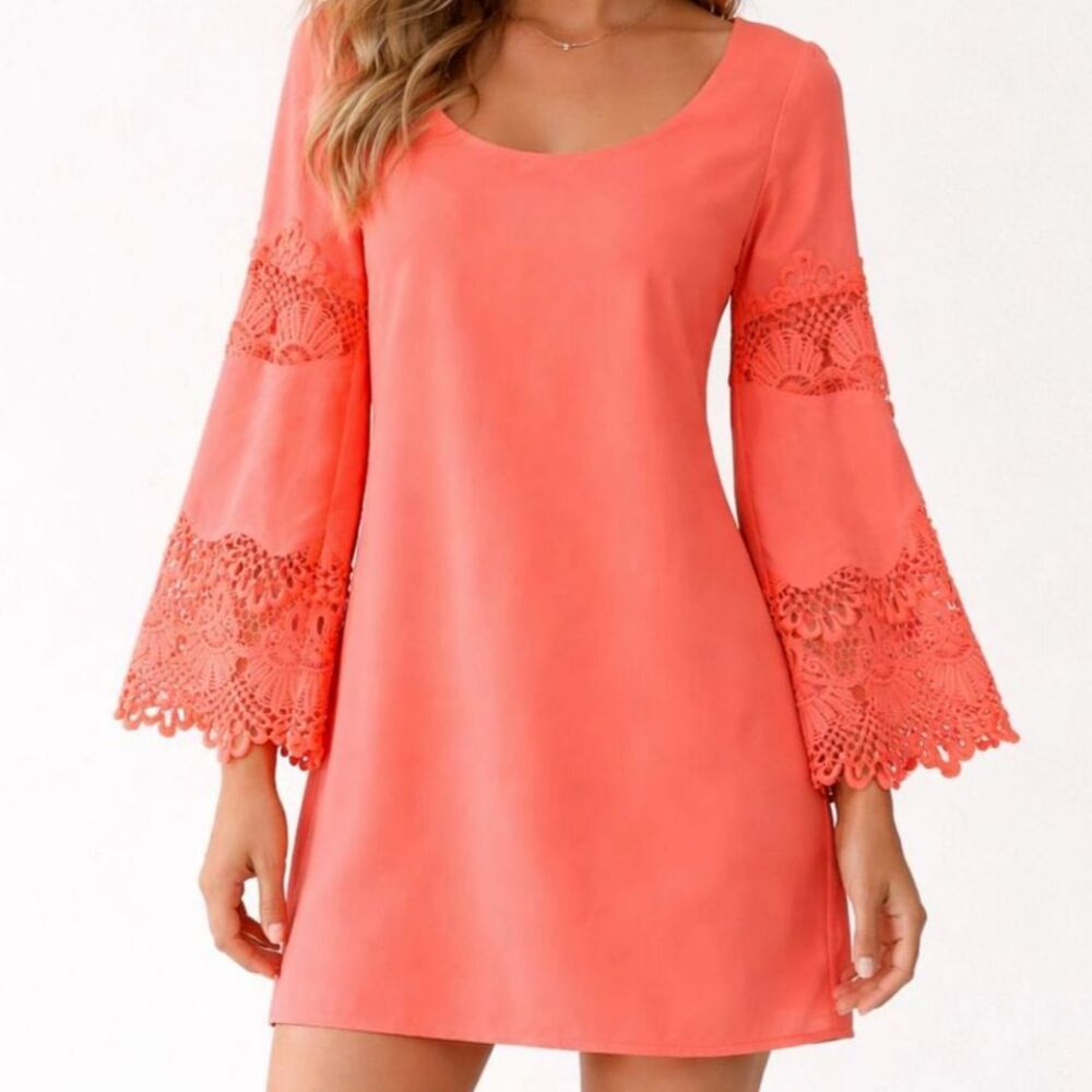 Altar’d State Coral Lace Bell Sleeve Mini Dress Boho Festival S